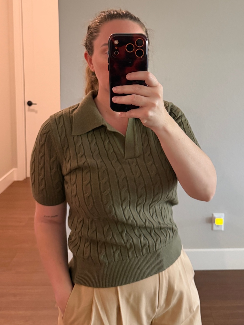 Knit Polo Short Sleeve Top in Olive Green